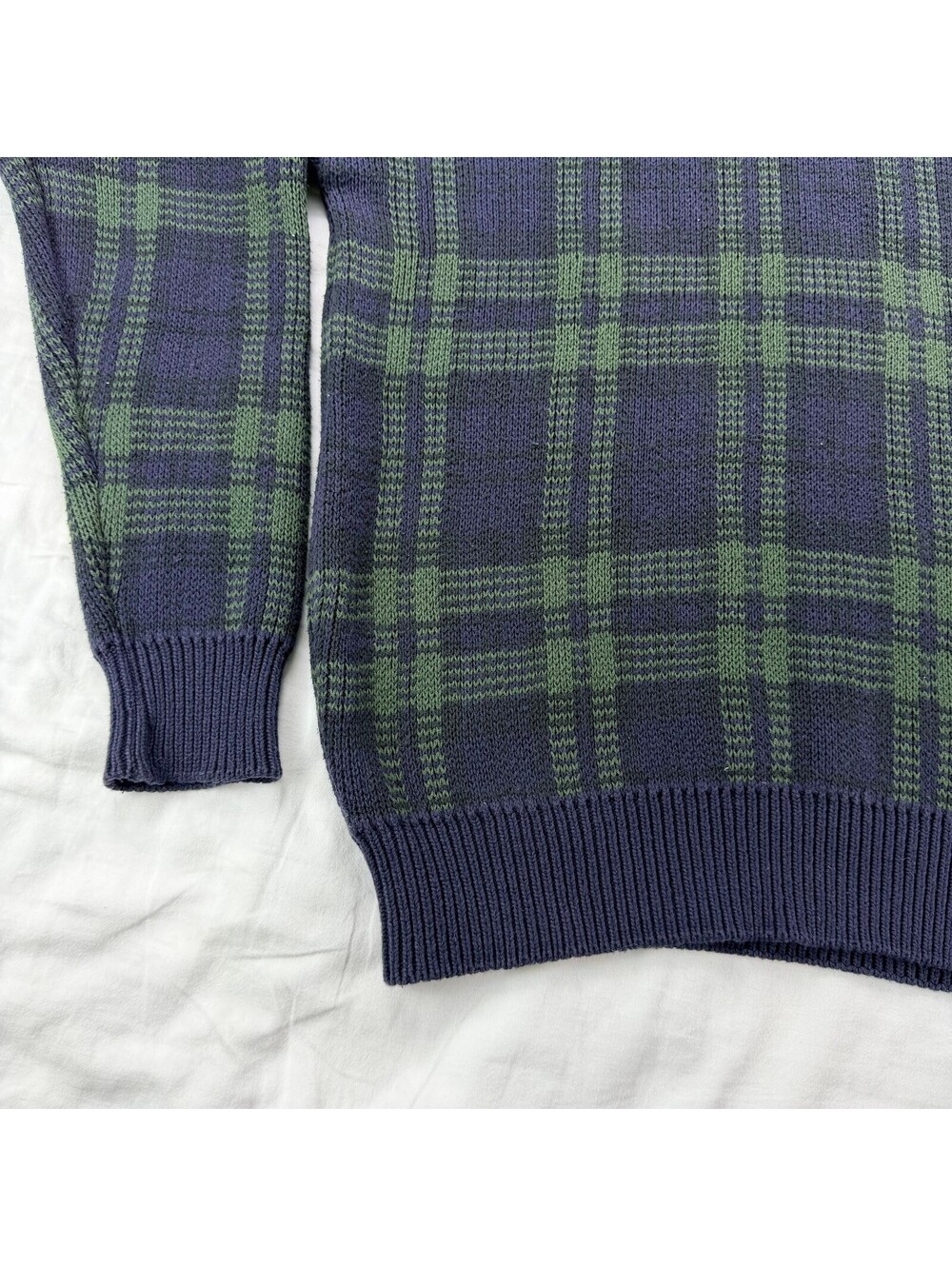 Vintage Woods & Gray Mens M Plaid Sweater Navy Green Cotton Knit 90s Grandpa - Picture 5 of 10